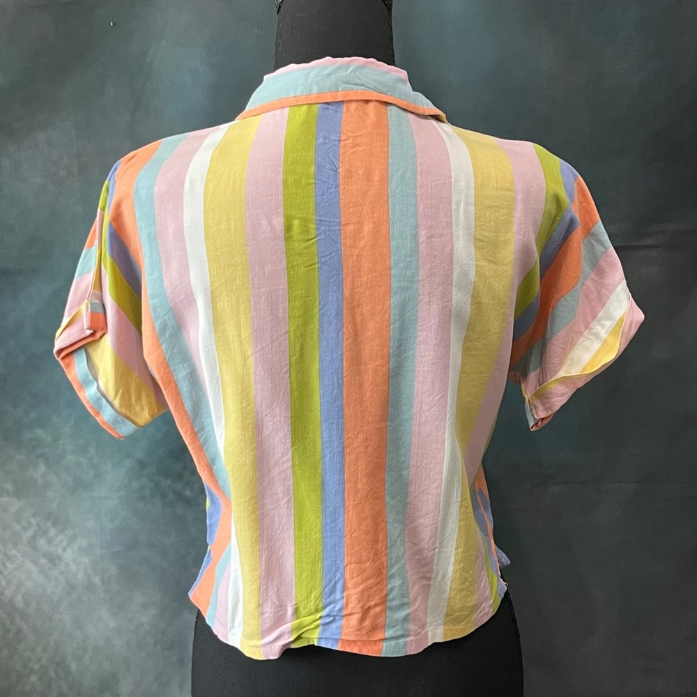 Ginger Womens Pastel Rainbow Striped Button Down Short Sleeve Cropped Shirt S - Picture 4 of 7